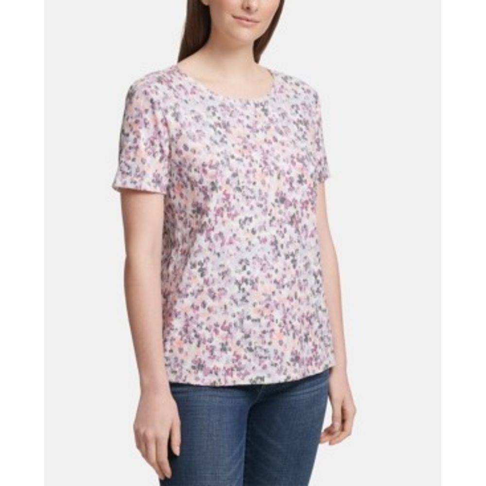 DKNY Sequin Short Sleeve Crewneck Top Cream Pink